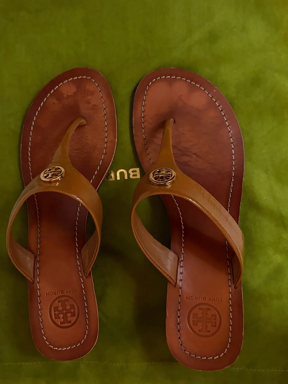 Tory Burch Tan Leather Mini Wedge Sandals